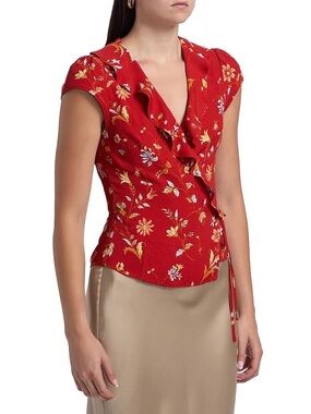 Reformation Red Floral Ruffle Wrap Blouse